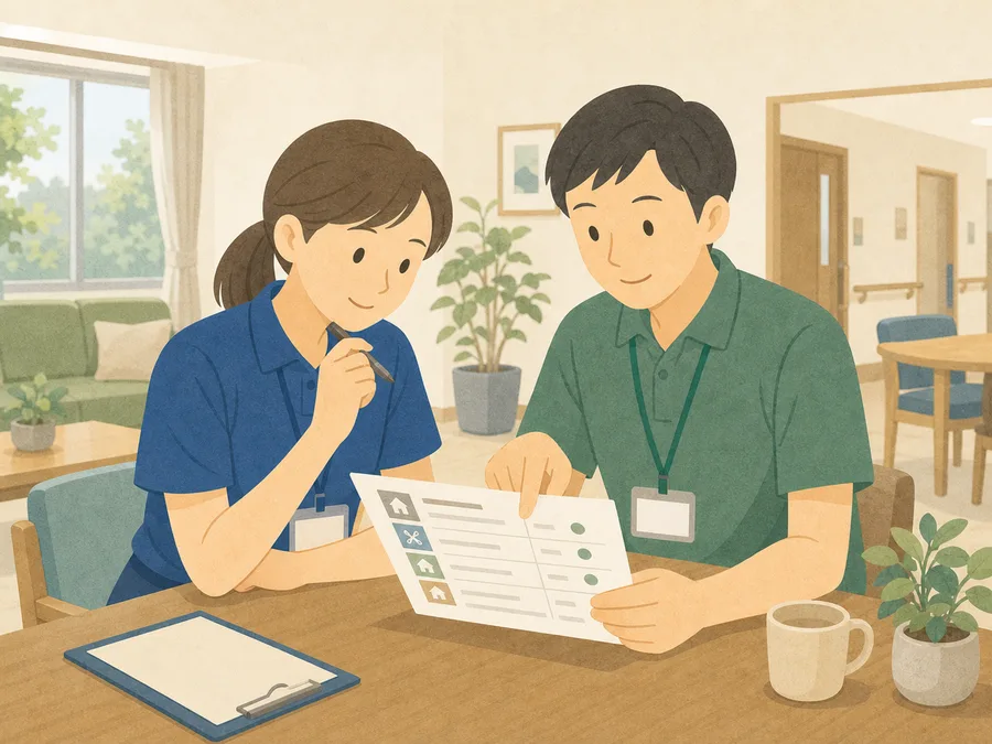 介護施設の職員が、入居者のために訪問理美容を相談している様子